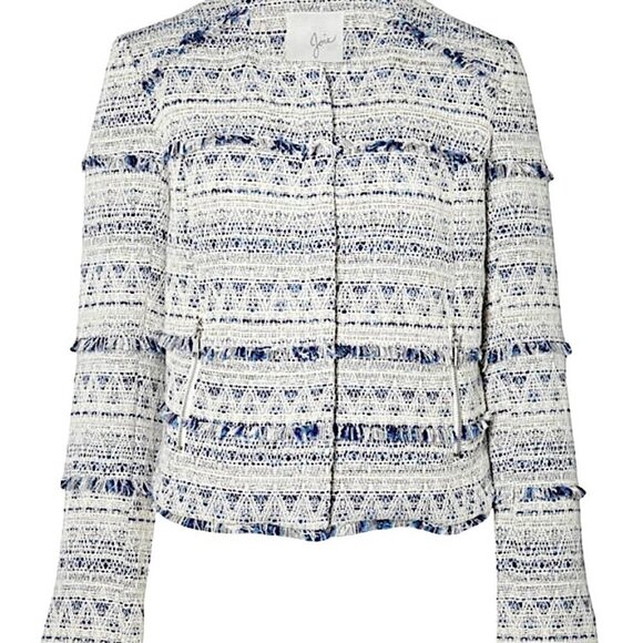 JOIE Tesita Fringed Woven Boucle Crop Zip Front Jacket Blue & Ivory - Picture 3 of 16